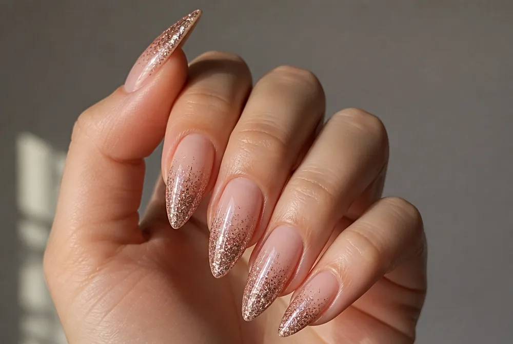 glitter ombre stiletto nails with sparkle tips