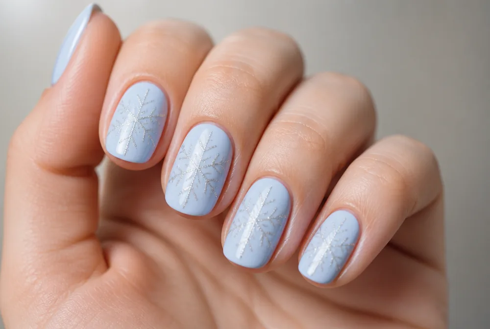glitter outlined snowflake on pale blue winter nails