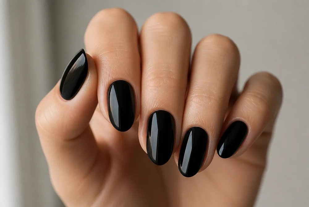 glossy black medium length nails