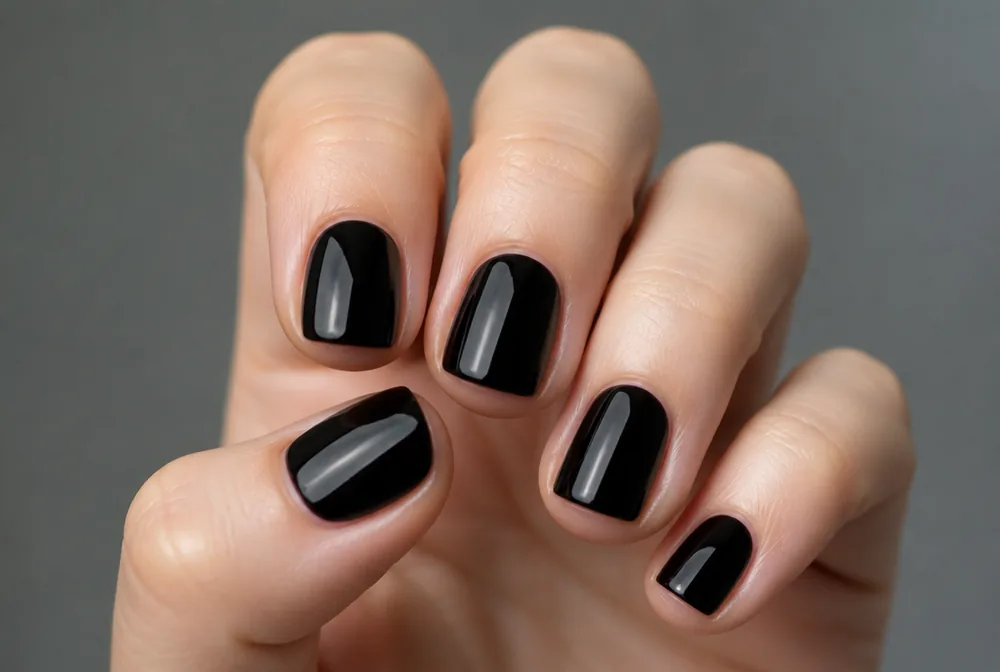 glossy black short winter nails on square shape - PolishedAndPrettyNails.com glossy black short winter nails on square shape
