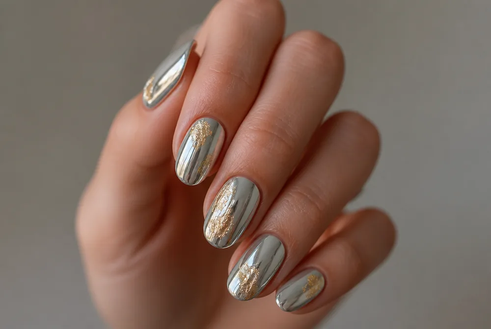 gold foil layered over chrome nails