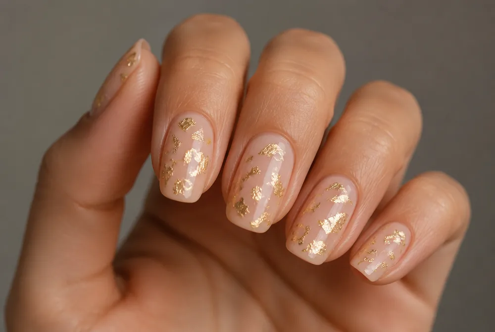 gold foil shard New Years nails on sheer nude base - PolishedAndPrettyNails.com gold foil shard New Years nails on sheer nude base