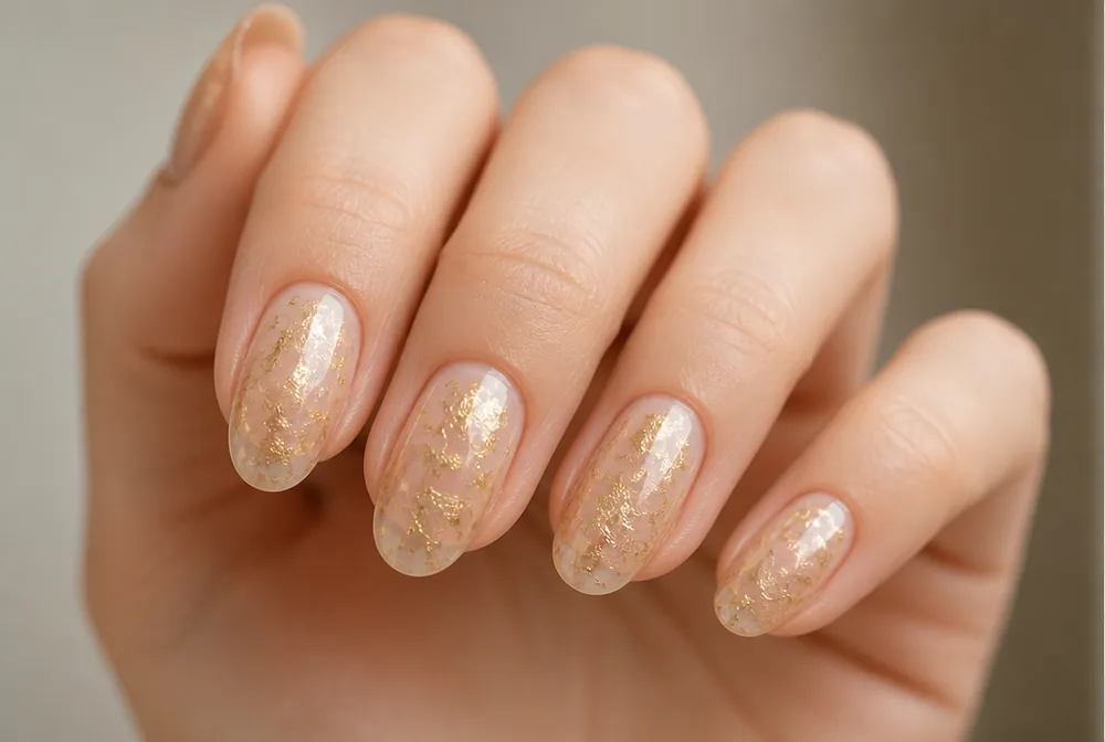 gold foil suspended under jelly nails