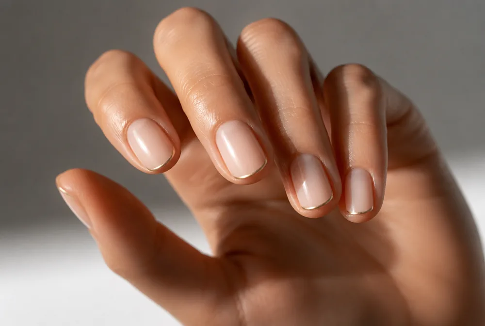 gold micro French nails with a green dress - PolishedAndPrettyNails.com gold micro French nails with a green dress