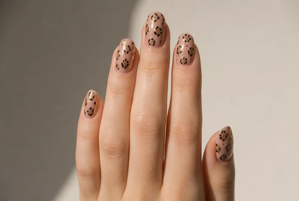 gold outlined leopard print nails