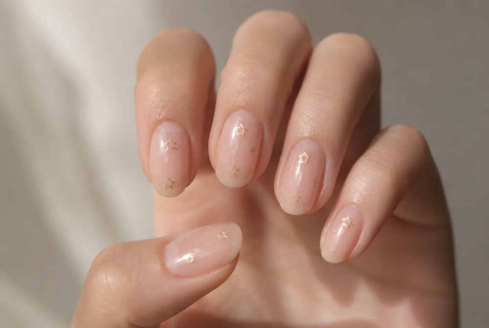 gold star confetti glitter nails on sheer base
