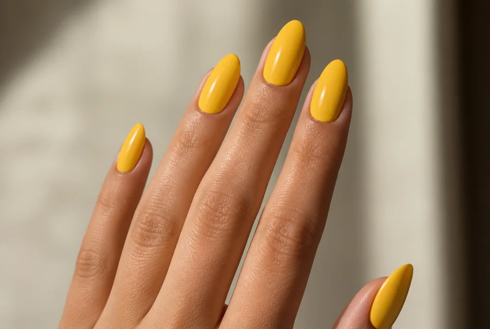 golden yellow nails on almond shape