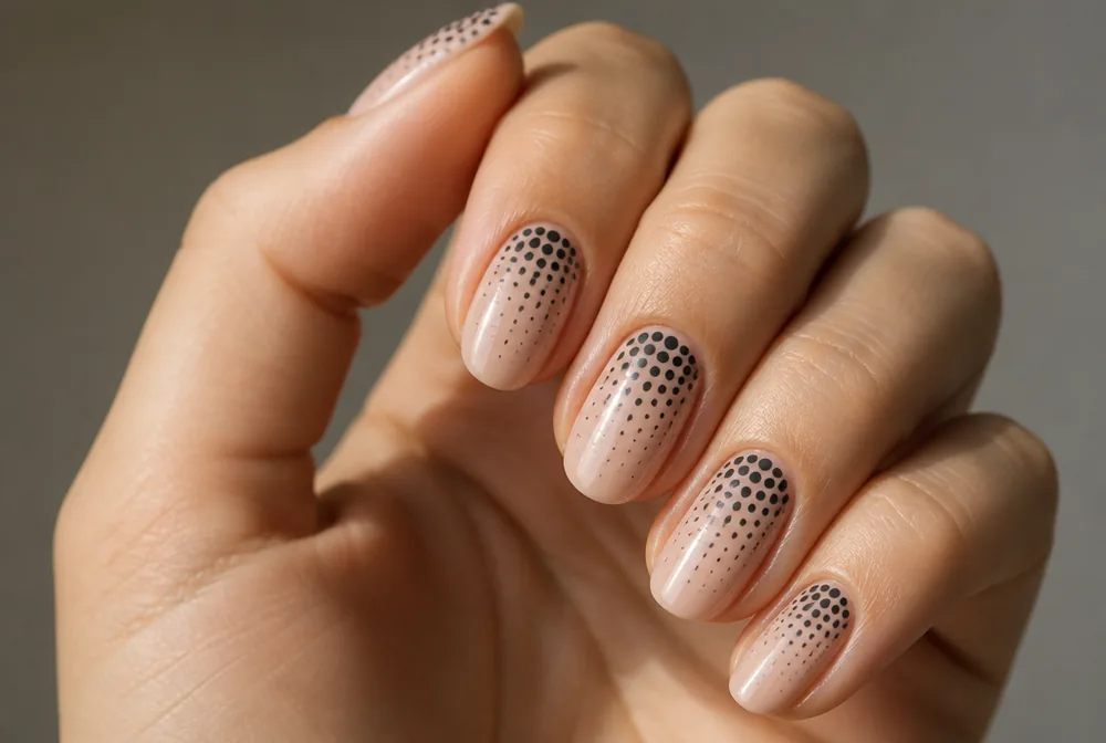 graduated polka dot nails with dots shrinking toward the tip