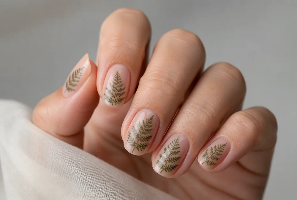 green botanical stamped nails on sheer base