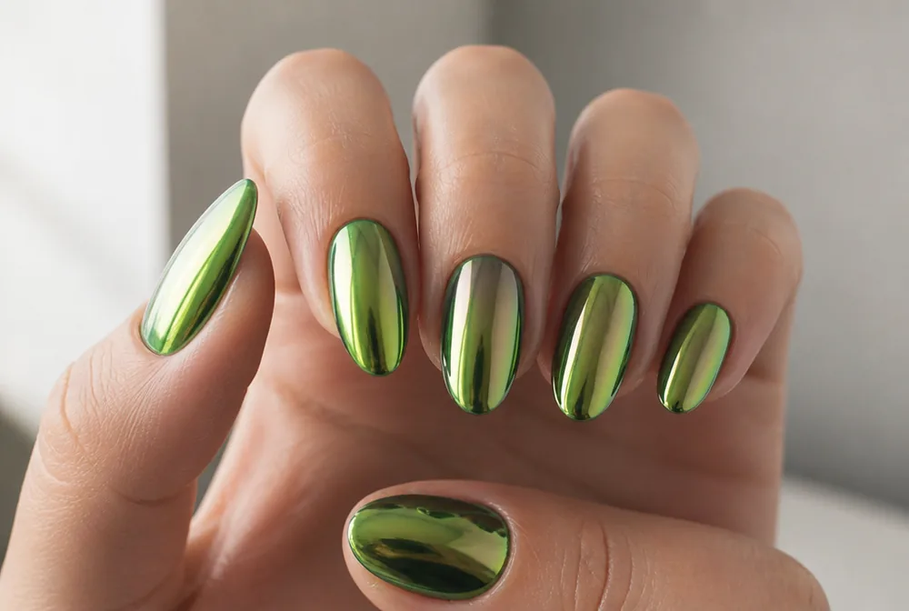 green chrome nails with metallic mirror finish