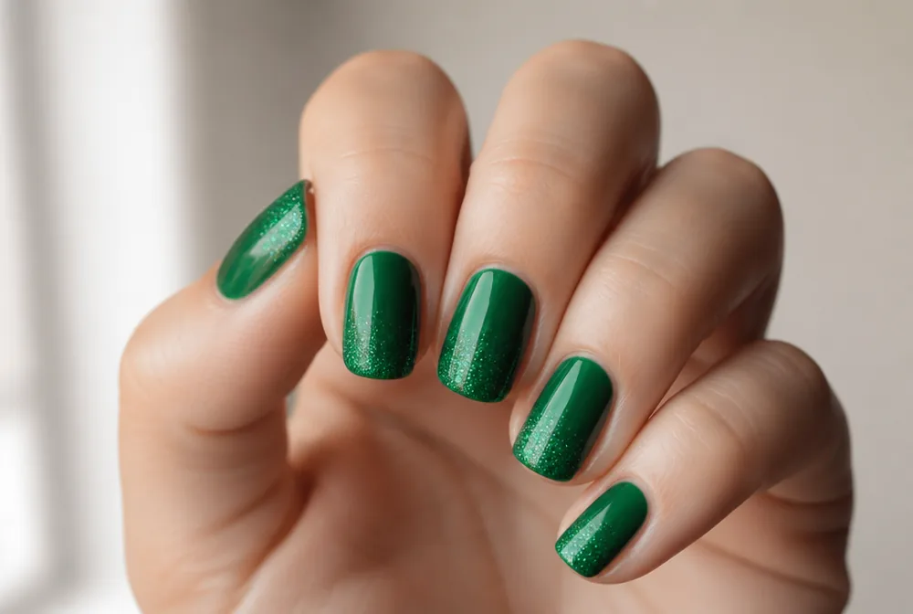 green glitter tips over emerald green nails