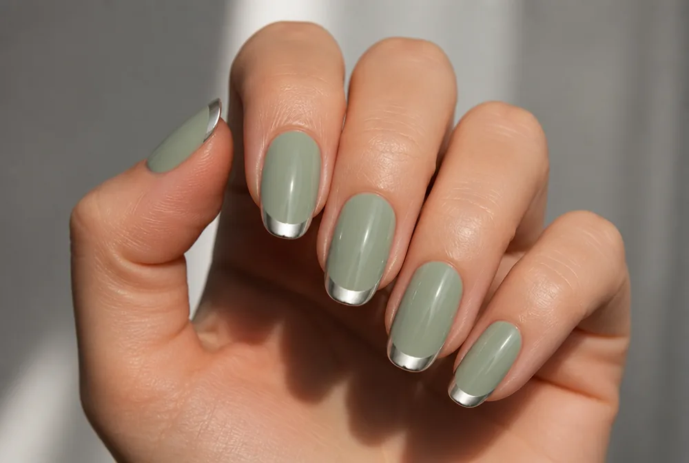 green nails with chrome tip detail