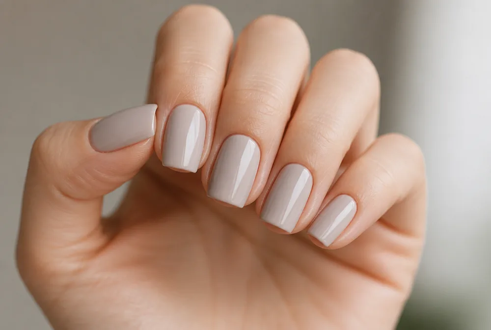 greige nails with a bold coloured dress - PolishedAndPrettyNails.com greige nails with a bold colored dress
