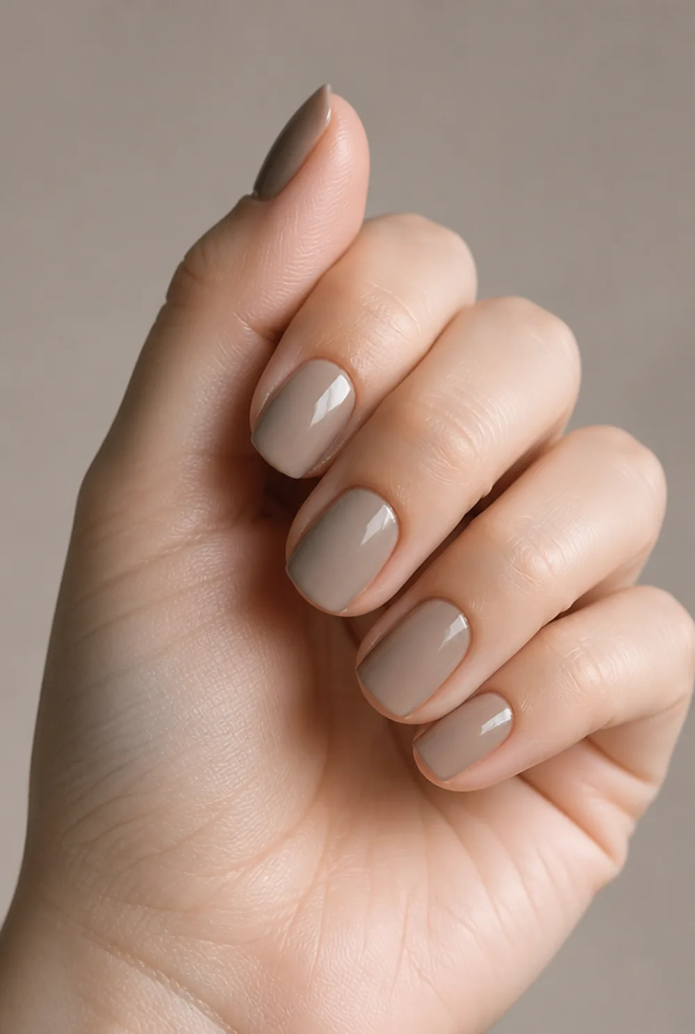 greige nail art on fair skin, short length