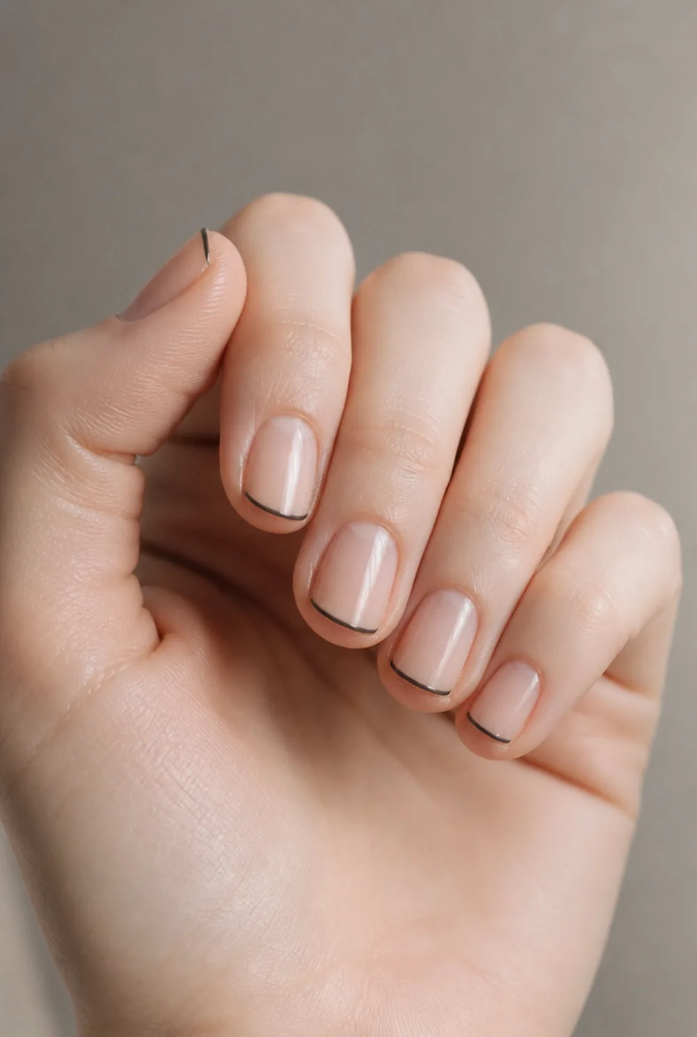 grey micro french nail art on fair skin, short length