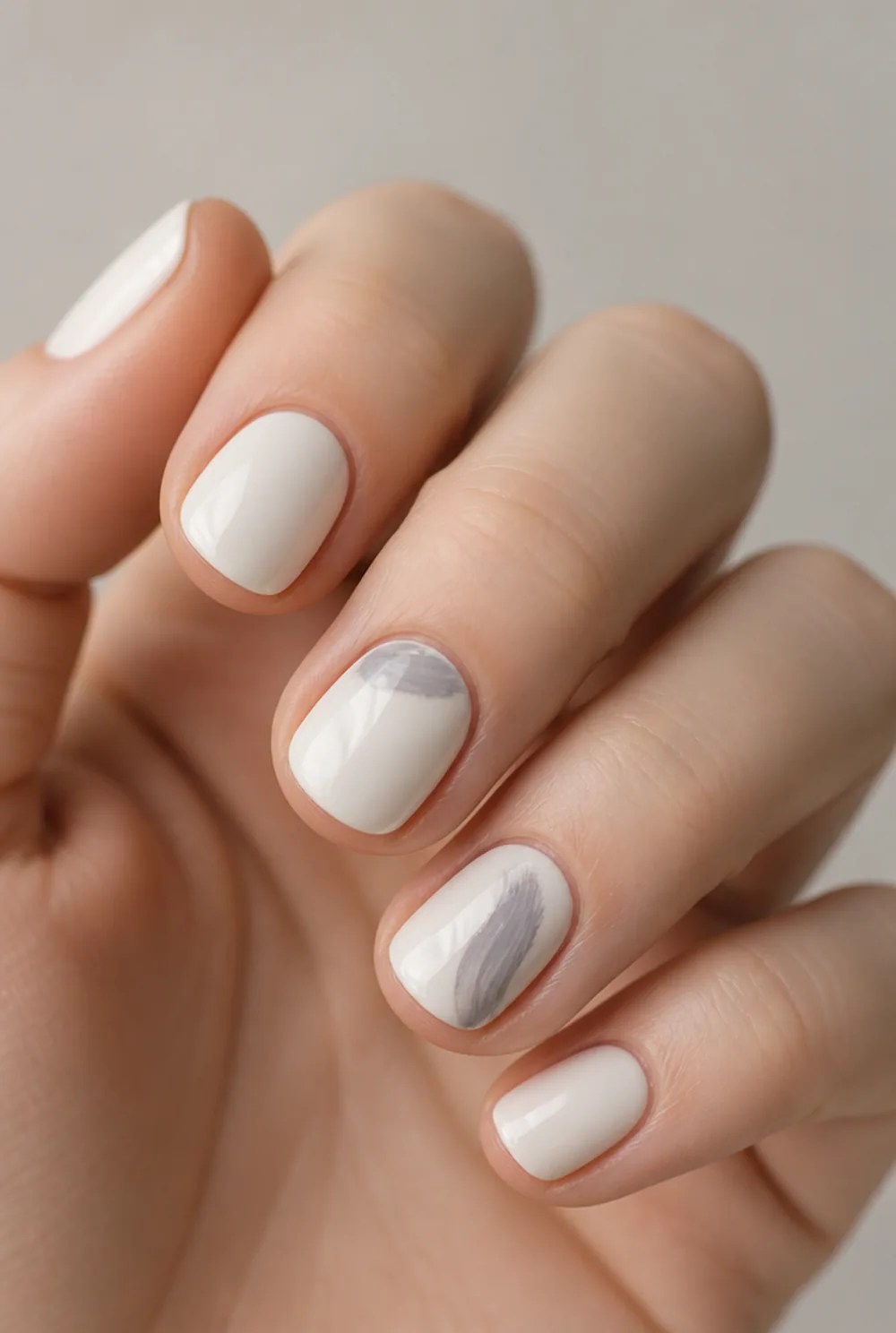 grey and white abstract nail art on fair skin, short length