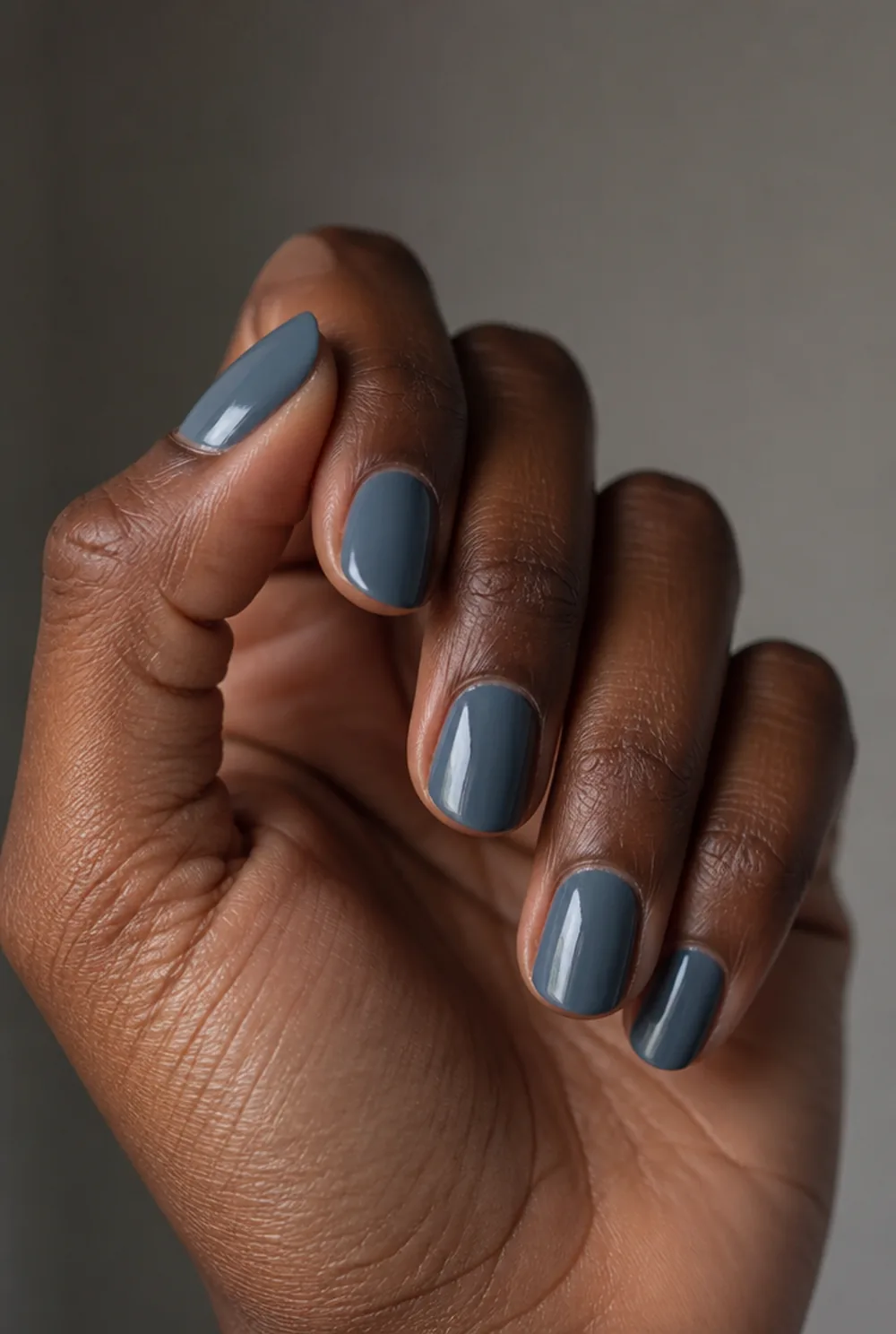 slate blue grey nail art on deep brown skin