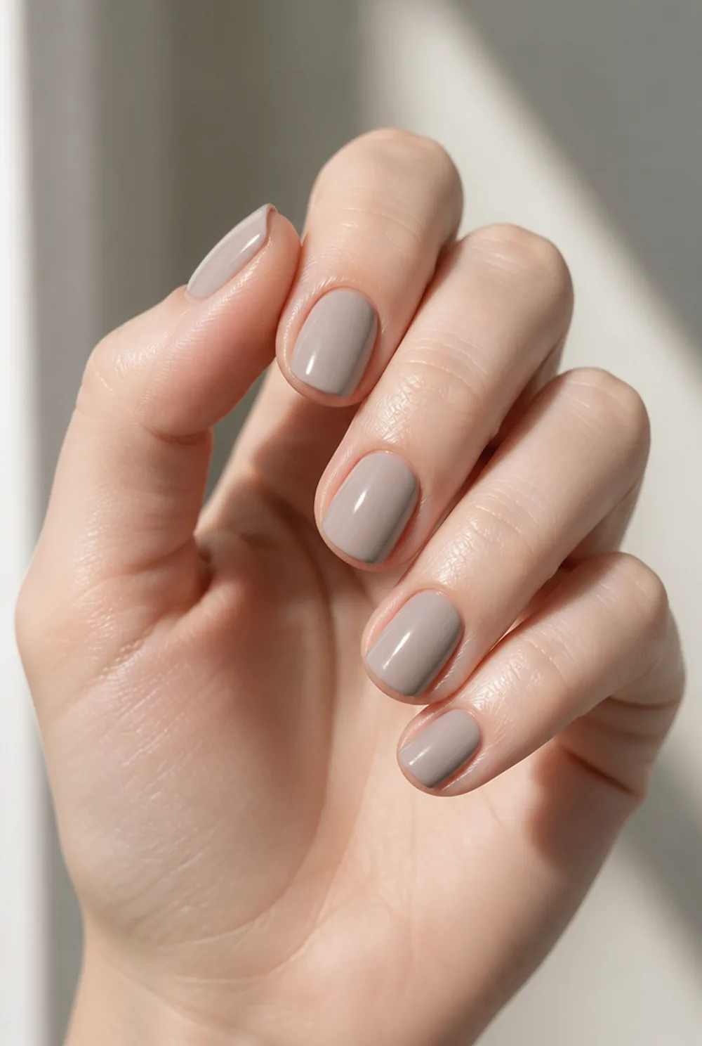 short greige squoval nail art on fair skin, short length