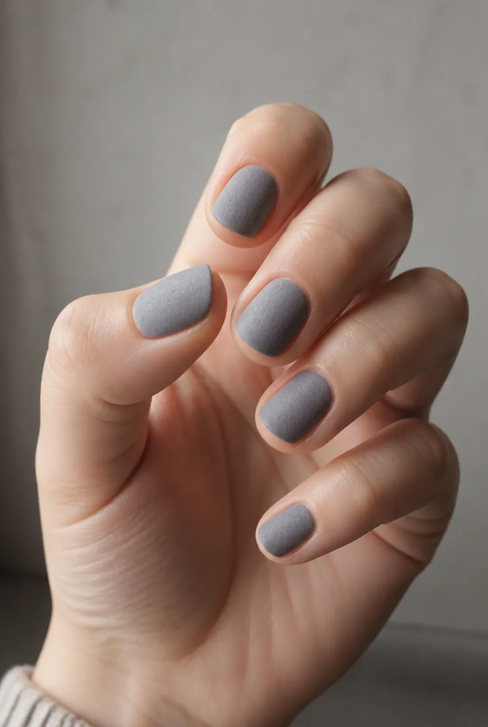 grey velvet matte nail art on fair skin, short length