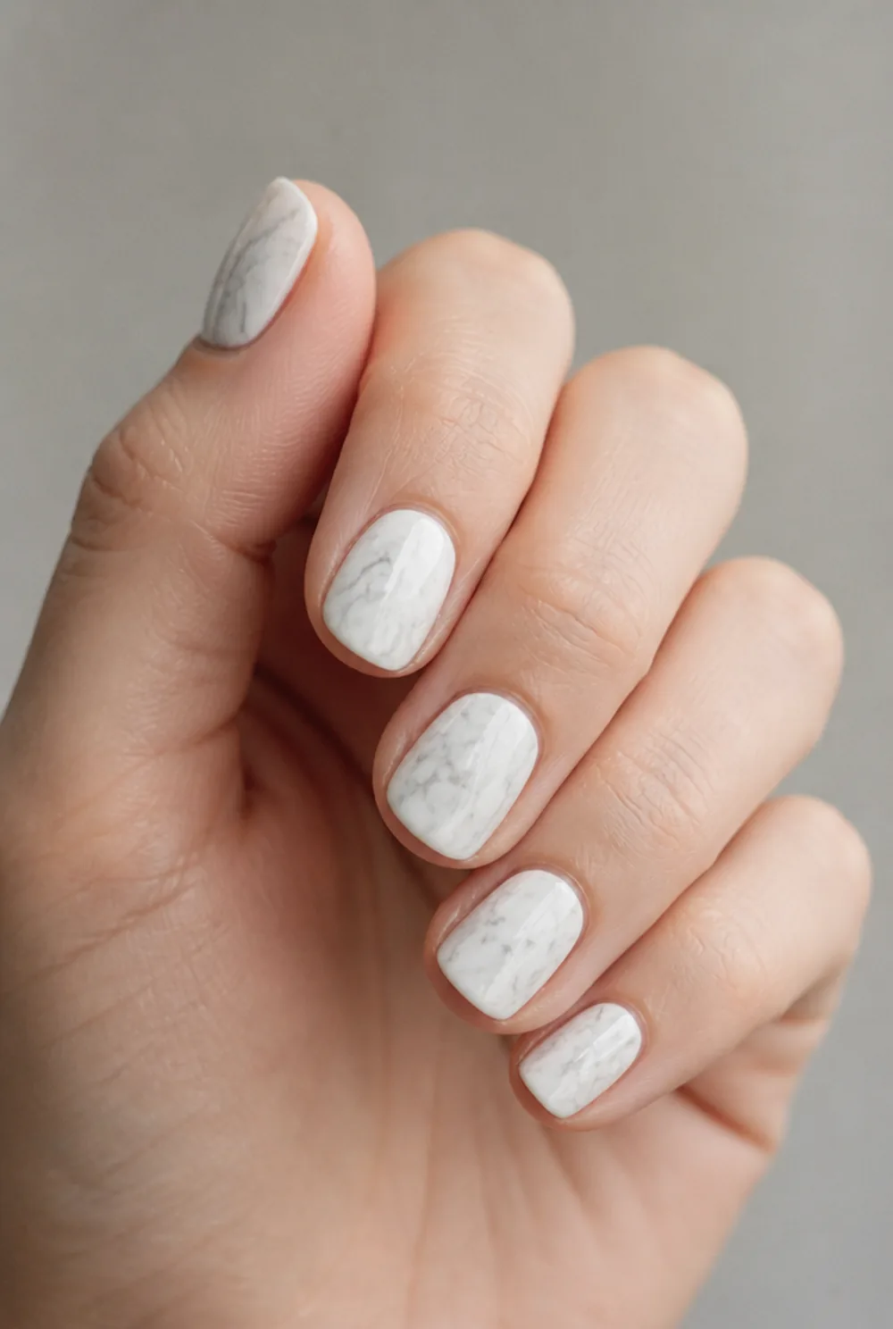 grey marble nail art on fair skin, short length