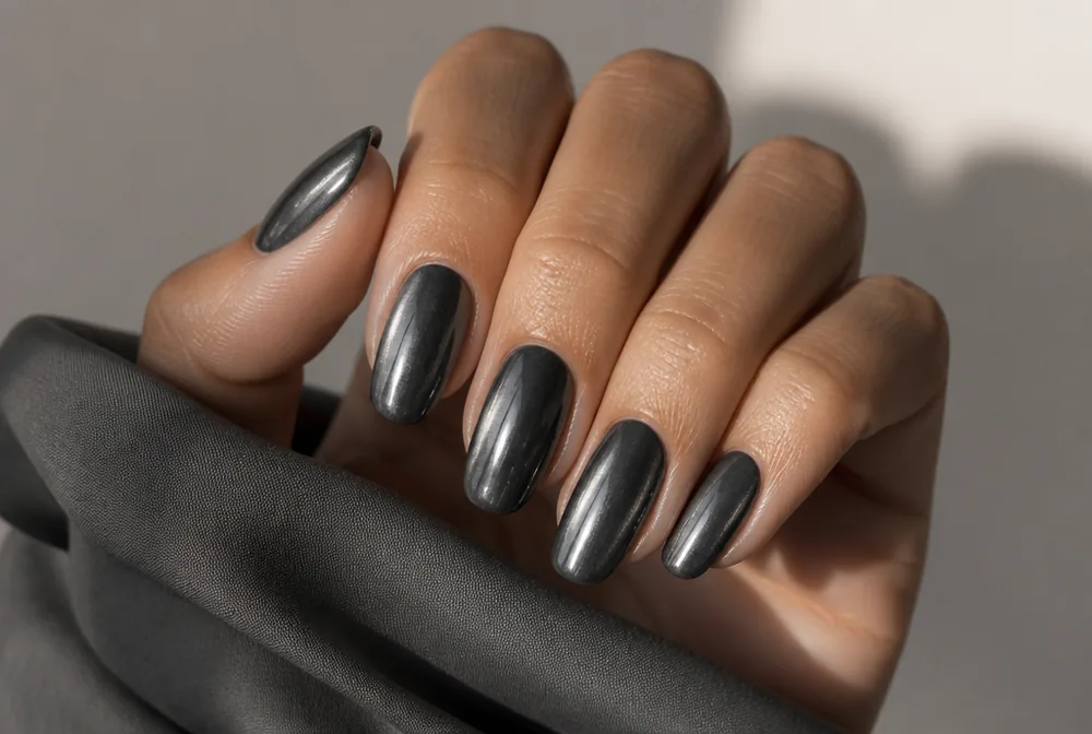 gunmetal grey chrome nails with smoky metallic finish - PolishedAndPrettyNails.com gunmetal gray chrome nails with smoky metallic finish