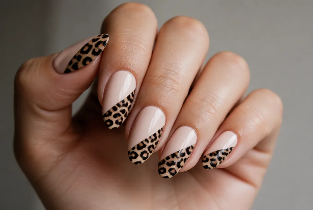 half leopard print half solid color nails