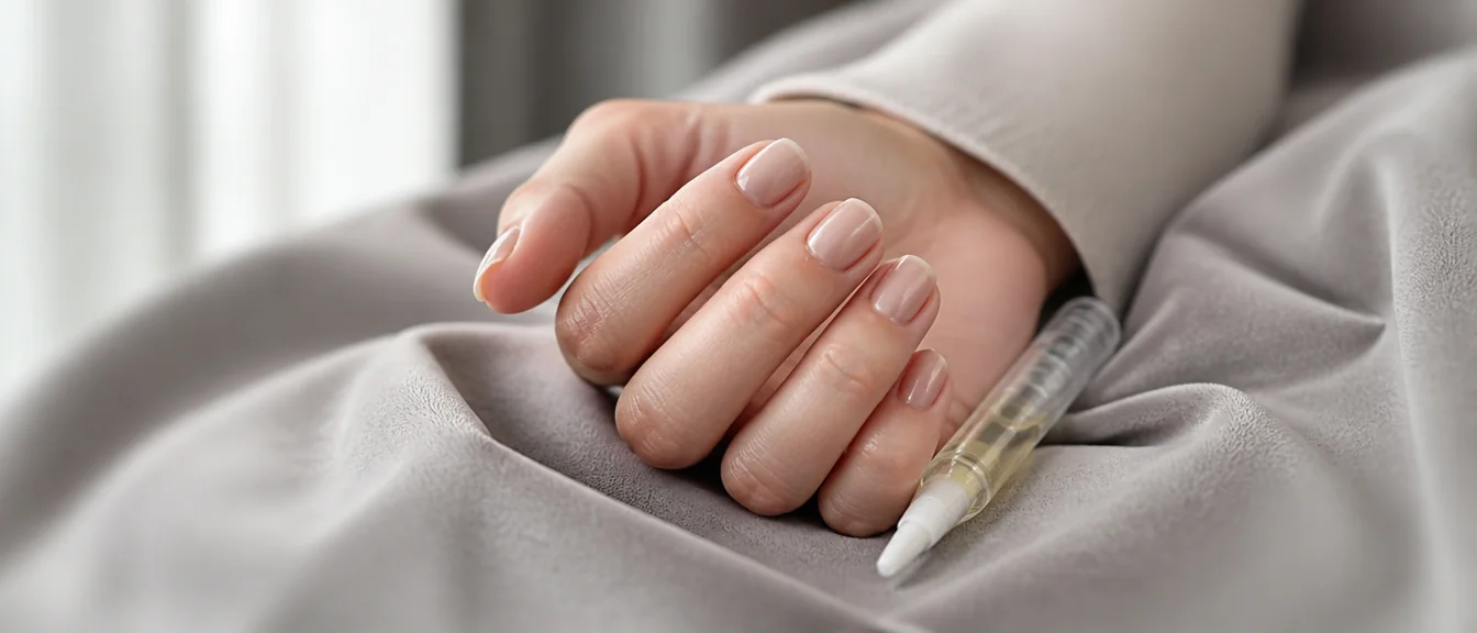 Short glossy sheer soft beige gel nails with clean, tight cuticle lines, a slim cuticle oi - PolishedAndPrettyNails.com Short glossy sheer soft beige gel nails with clean, tight cuticle lines, a slim cuticle oil pen beside the hand