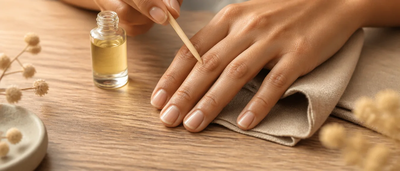 A wooden cuticle pusher gently easing back the cuticle on short natural nails, a small bot - PolishedAndPrettyNails.com A wooden cuticle pusher gently easing back the cuticle on short natural nails, a small bottle of cuticle oil nearby