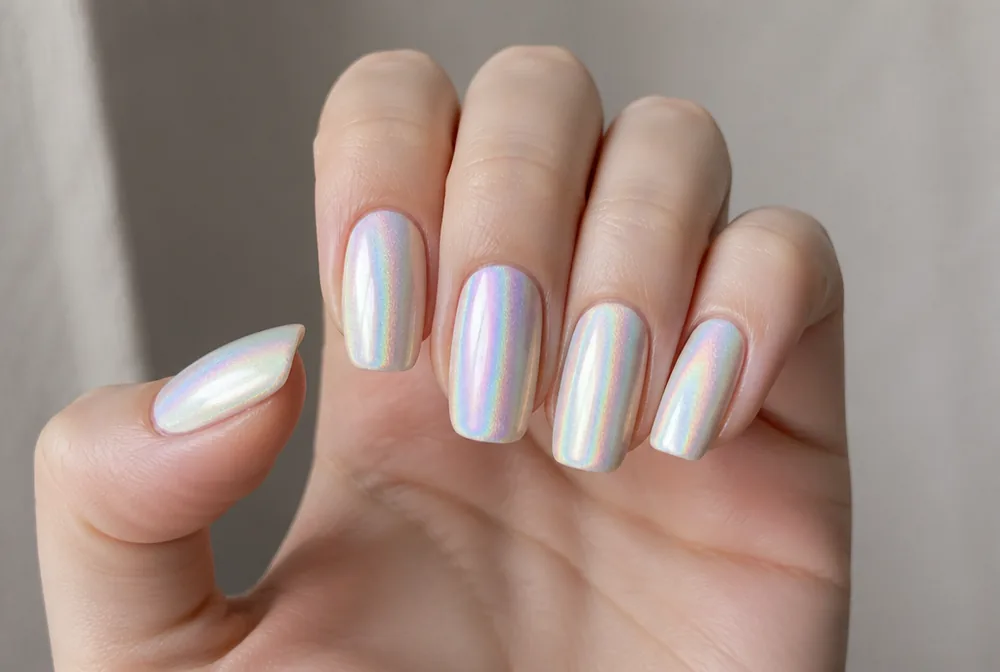 holographic birthday nails with rainbow shift