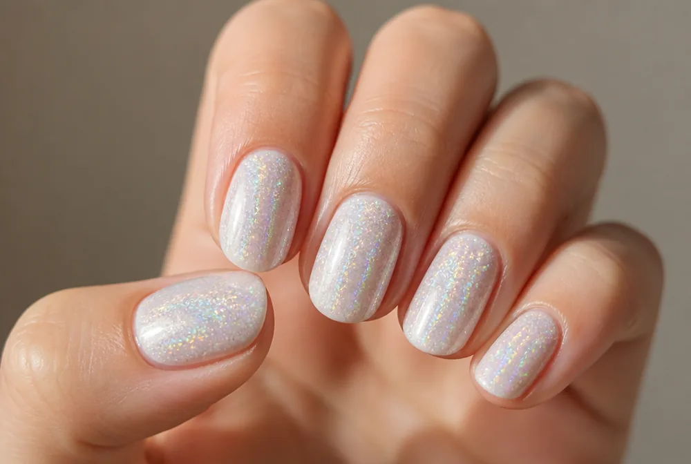 holographic glitter topper nails with rainbow shift
