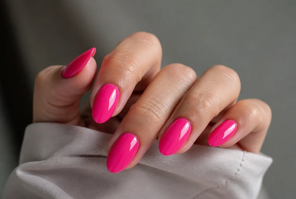 hot pink glossy nails on medium almond shape