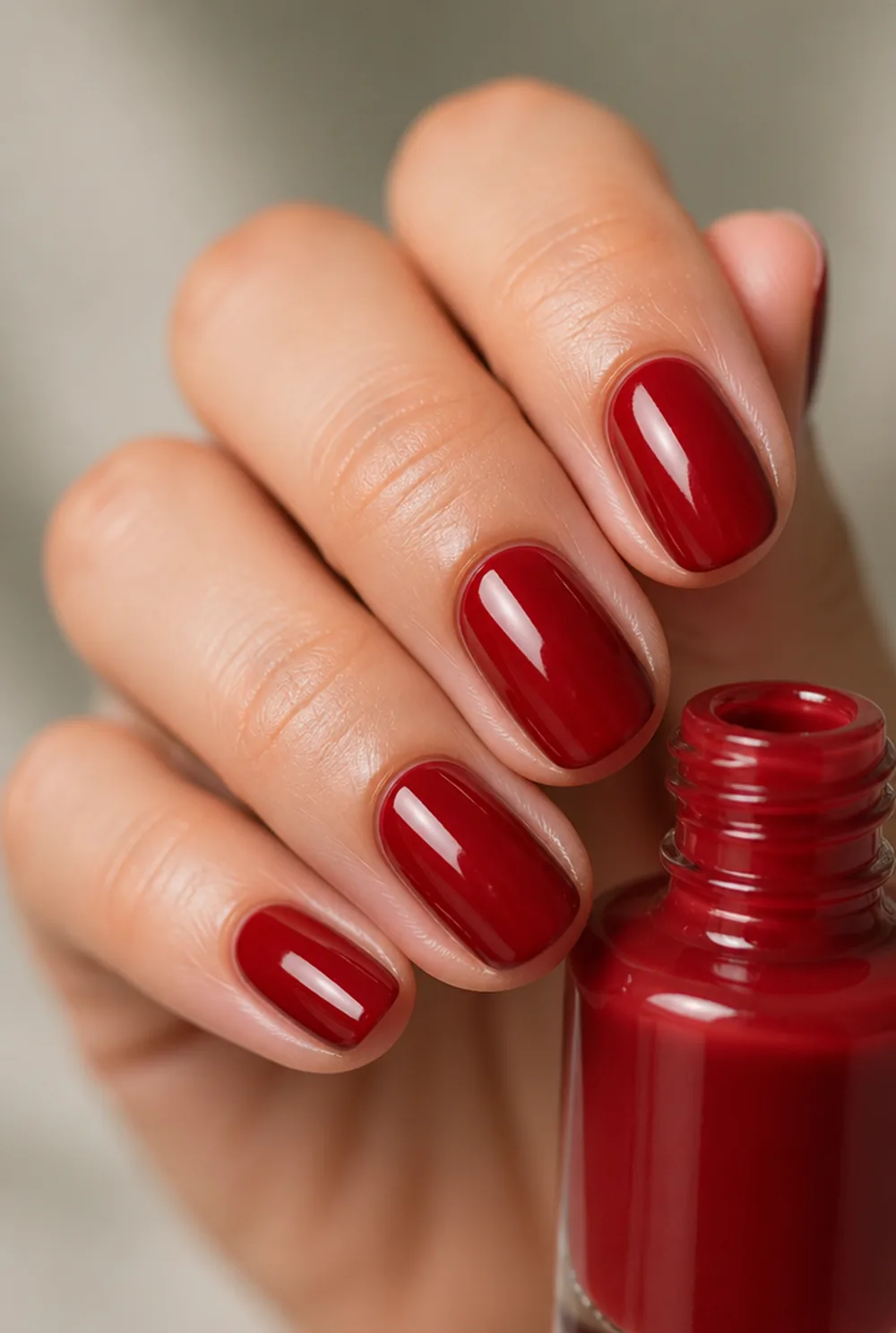 Red polish with a hairline gap at the cuticle