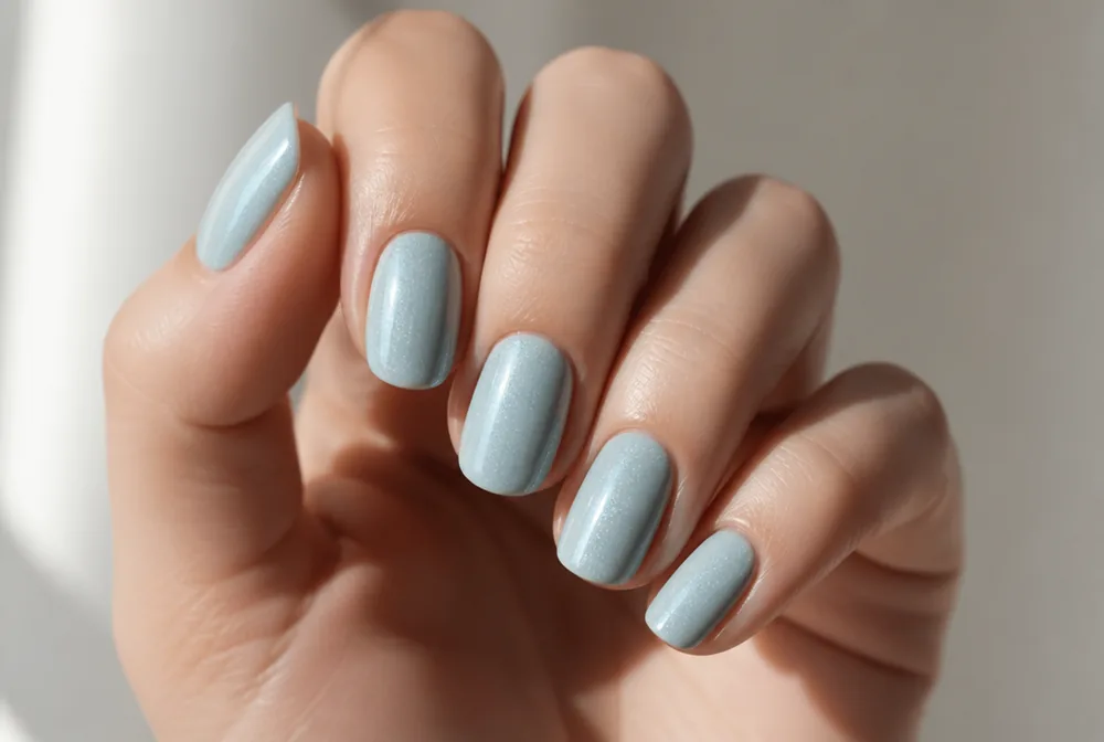 ice silver shimmer nails with pale blue tone - PolishedAndPrettyNails.com ice silver shimmer nails with pale blue tone