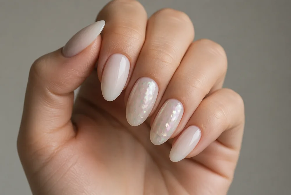 iridescent flake accent nails on milky white base
