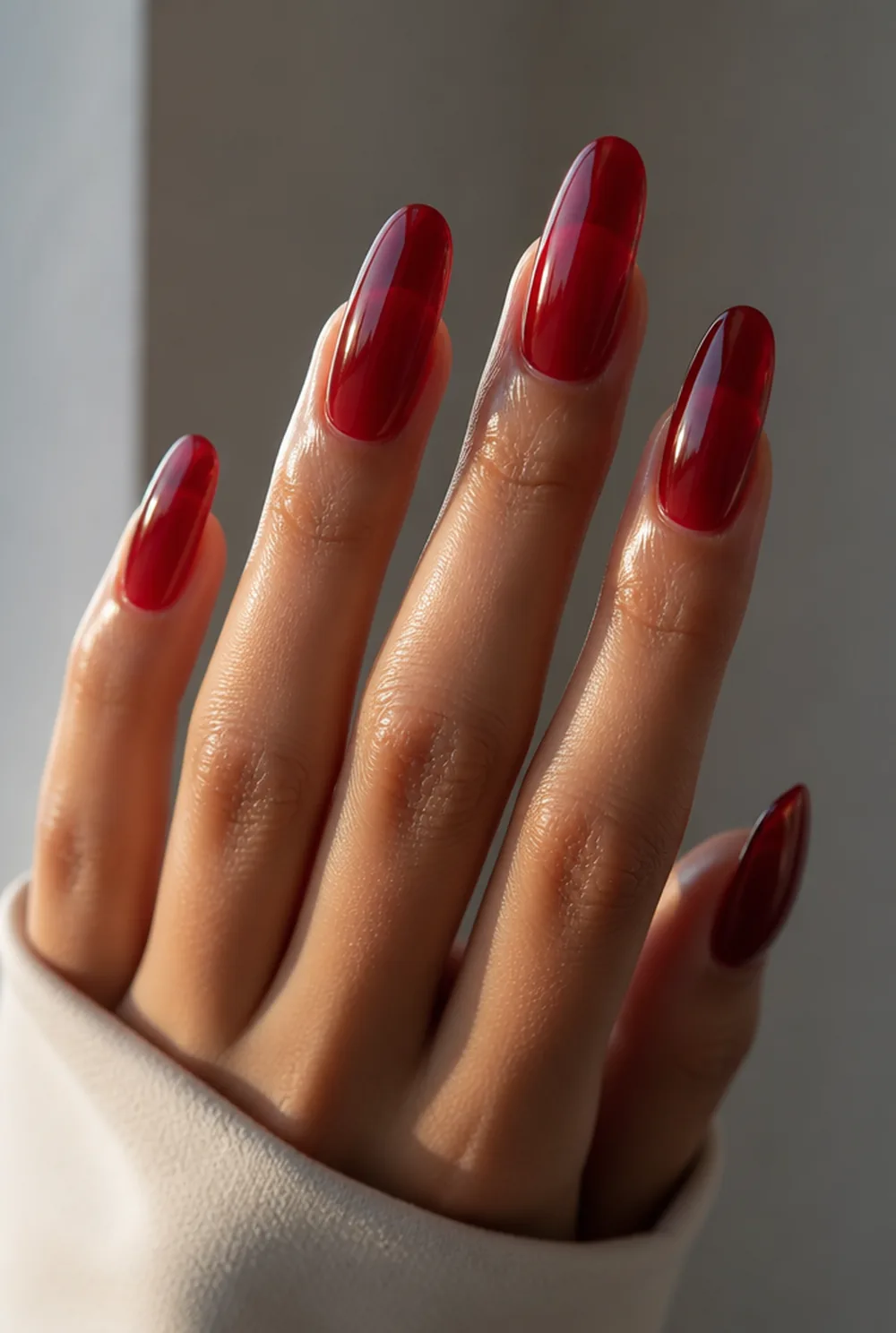 jelly red nail art on olive skin, long length