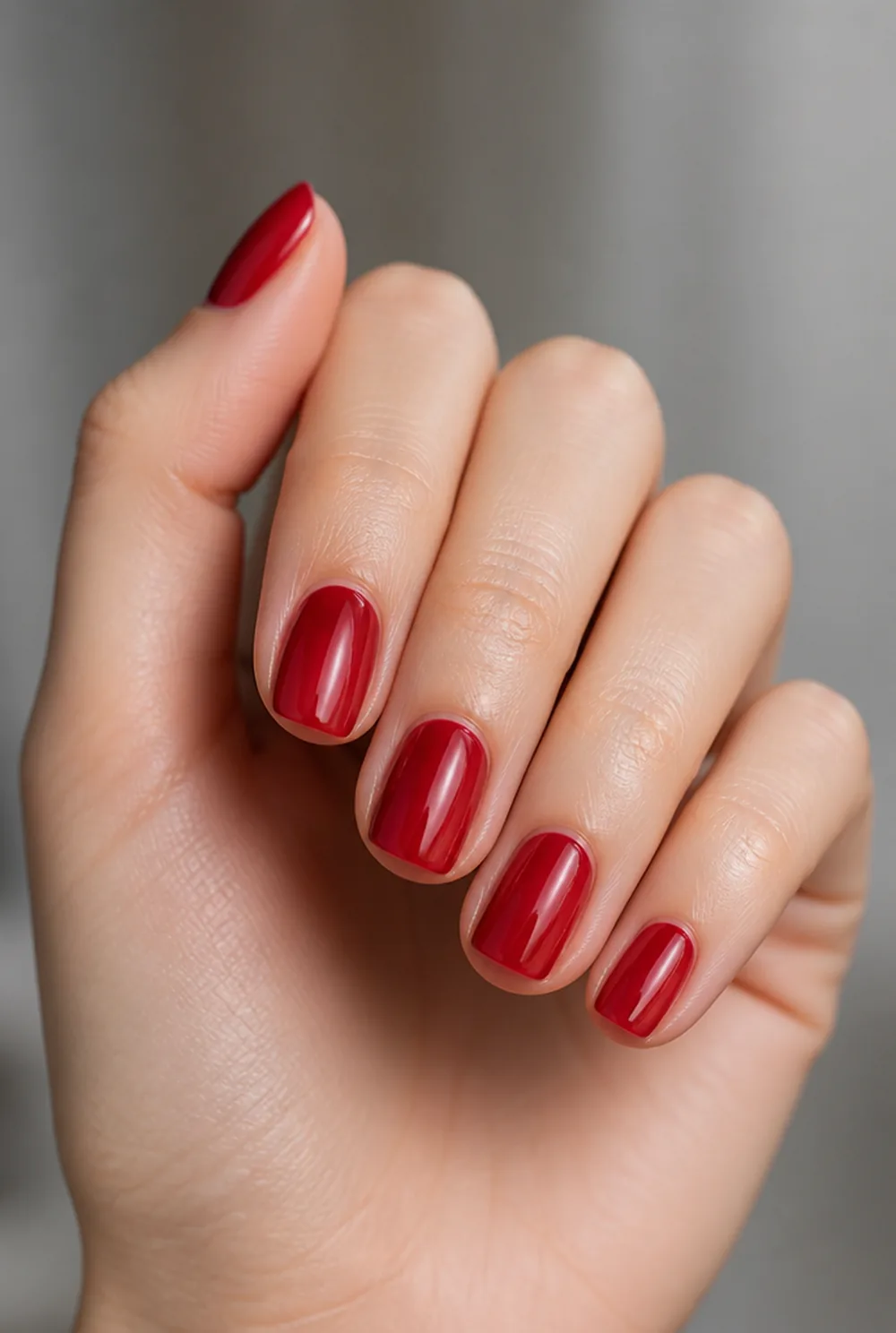 jelly red nail art on fair skin, short length