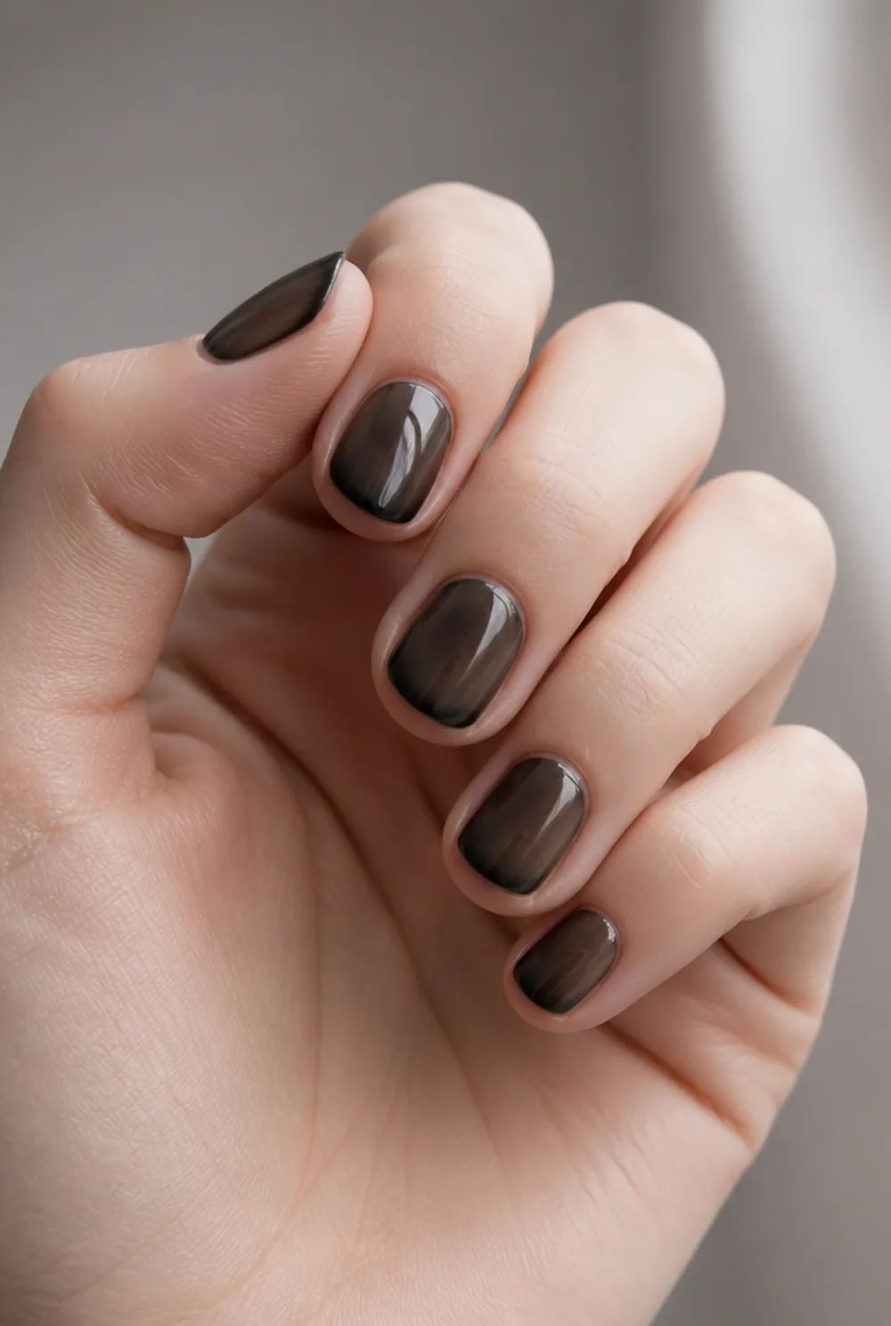 jelly black nail art on fair skin, short length
