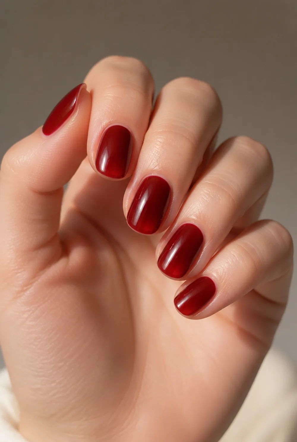 jelly cherry coke nail art on fair skin, short length