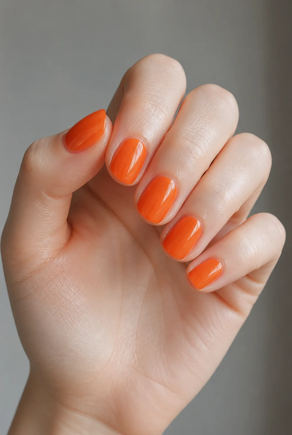 jelly orange nail art on fair skin, short length