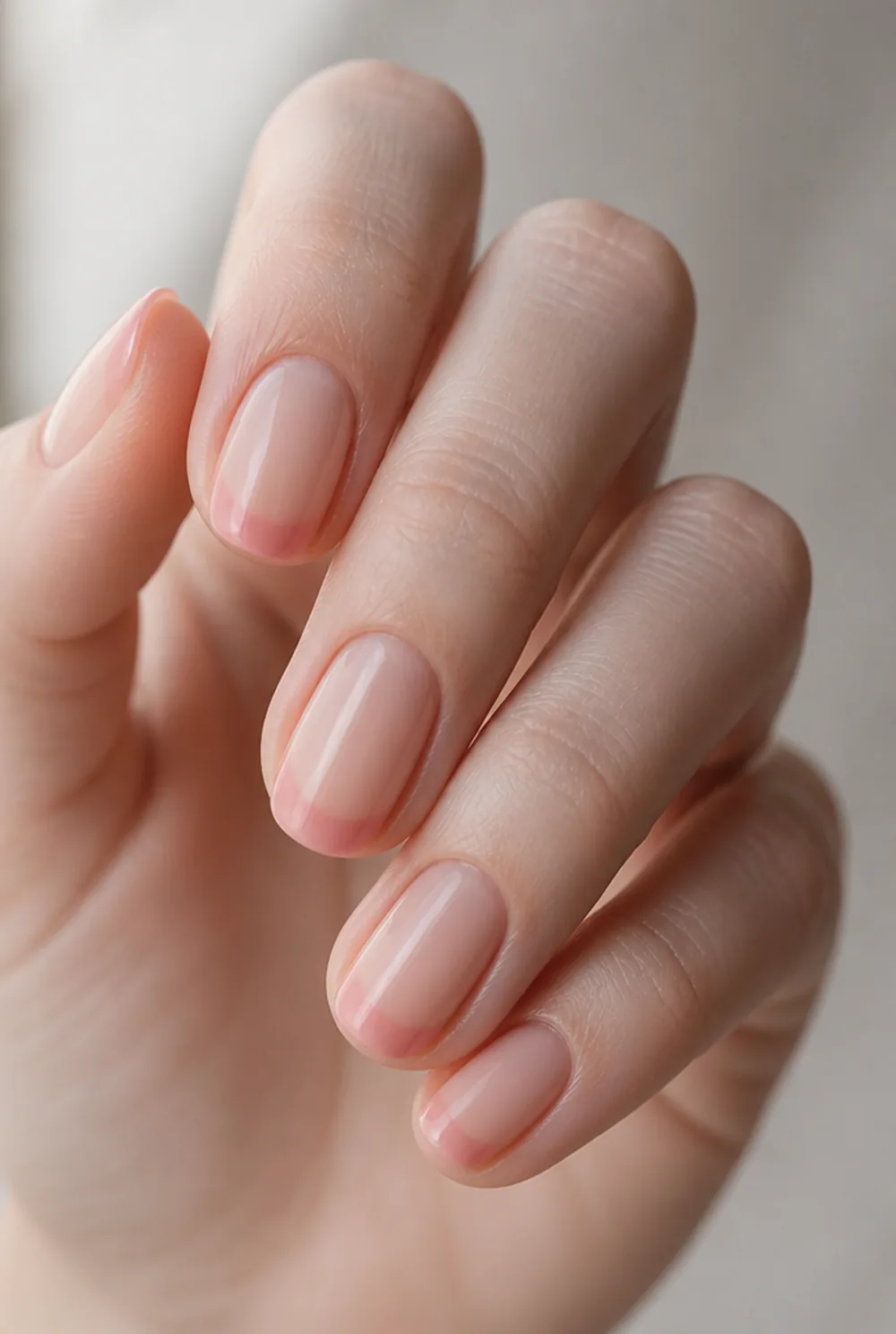 jelly french nail art on fair skin, short length