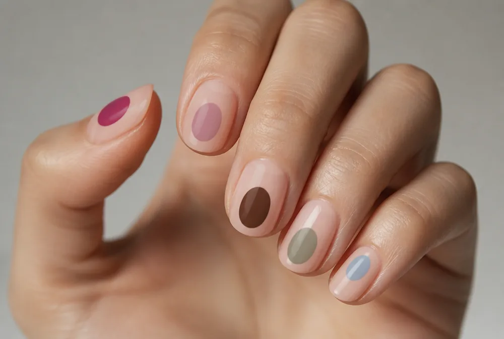 large single dot nail design on nude base