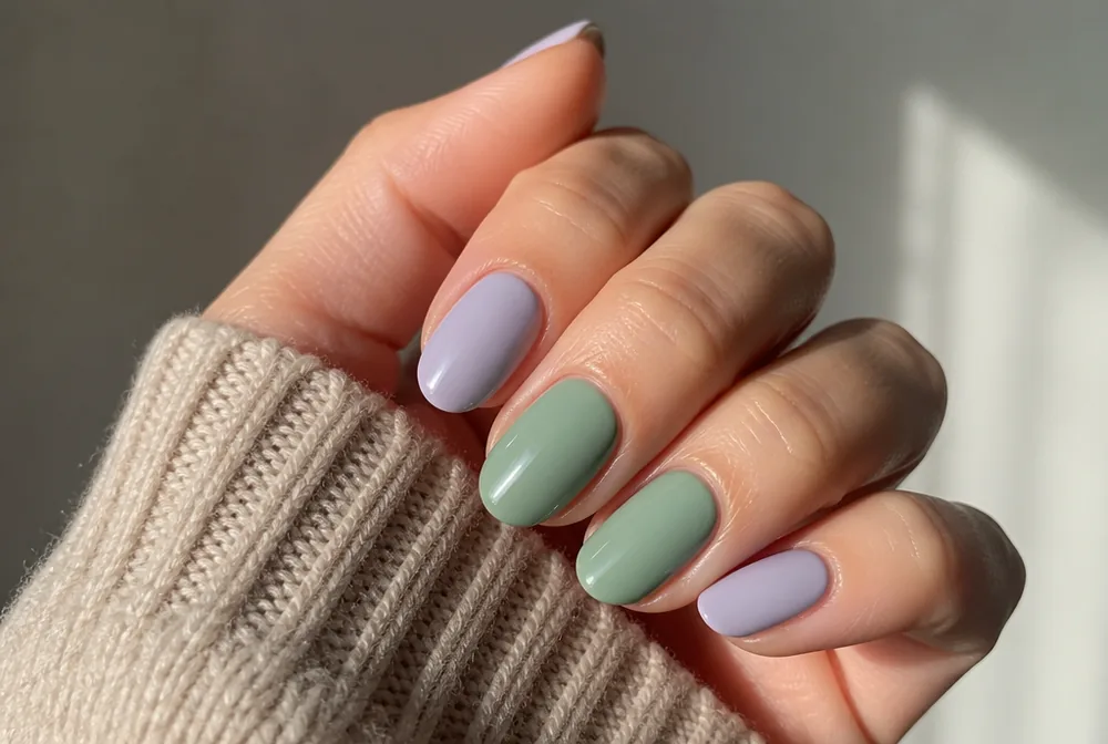 lavender and sage green alternating nails
