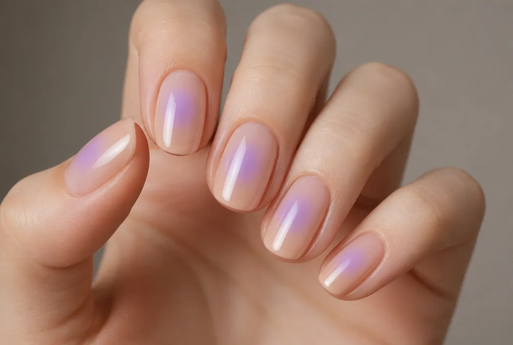 lavender aura nails with blurred glow