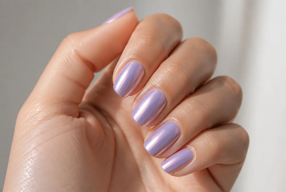 lavender chrome nails with iridescent finish