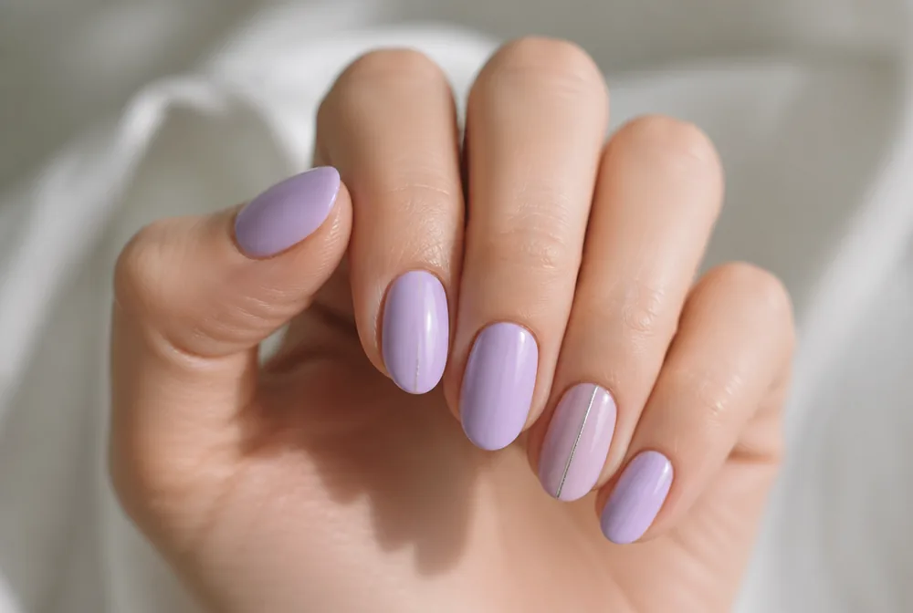lavender nails with silver line accent