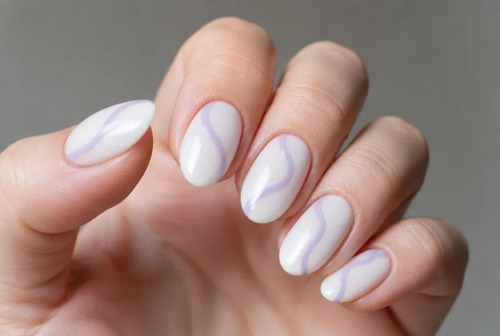 lavender swirl nail art on milky base