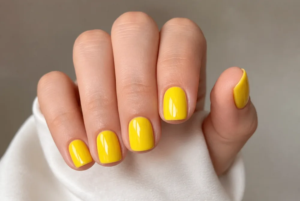 lemon yellow nails on short square shape