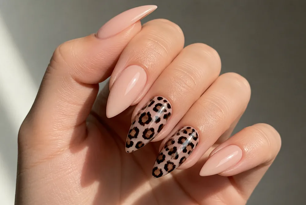 leopard print accent on stiletto nails
