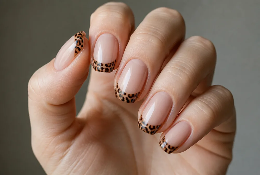 leopard print French tip nails