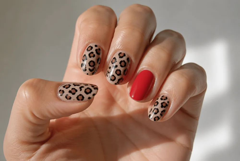 leopard print nails with a red accent nail